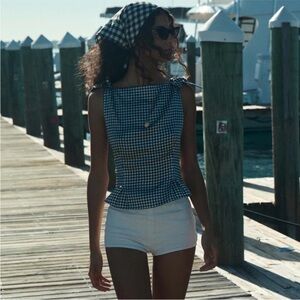 Doen liriel navy Valencia gingham silk blouse